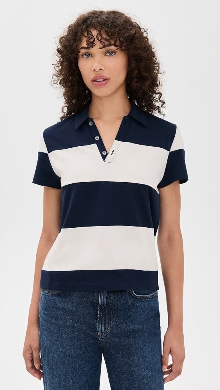 Madewell NWT Pieced Boxy Polo Tee Sz L Rugby Stripe Navy White